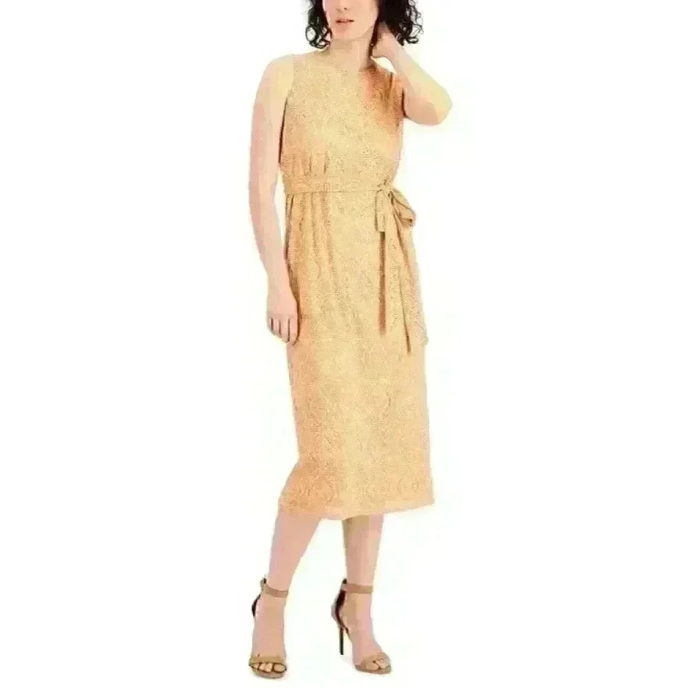 NEW! Anne Klein Women's 12 Crochet Belted Midi Dress In Warm Sand NWT $119